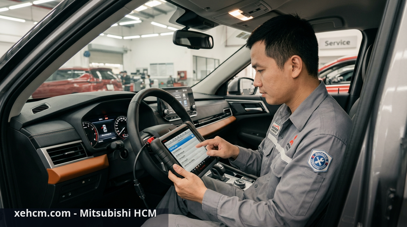 Tính năng ẩn Mitsubishi: Hướng dẫn kích hoạt chi tiết 1 Kỹ thuật viên đang cài đặt tính năng ẩn Mitsubishi trên xe đời mới - tính năng ẩn Mitsubishi
