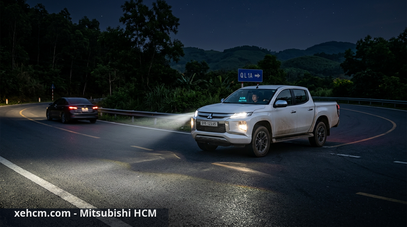 An toàn Triton 2024: Công nghệ bảo vệ trên 4x4 AT Premium 2 Đèn pha tự động thích ứng giúp tăng cường an toàn khi lái xe ban đêm trên Triton 2024 - an toàn Triton 2024