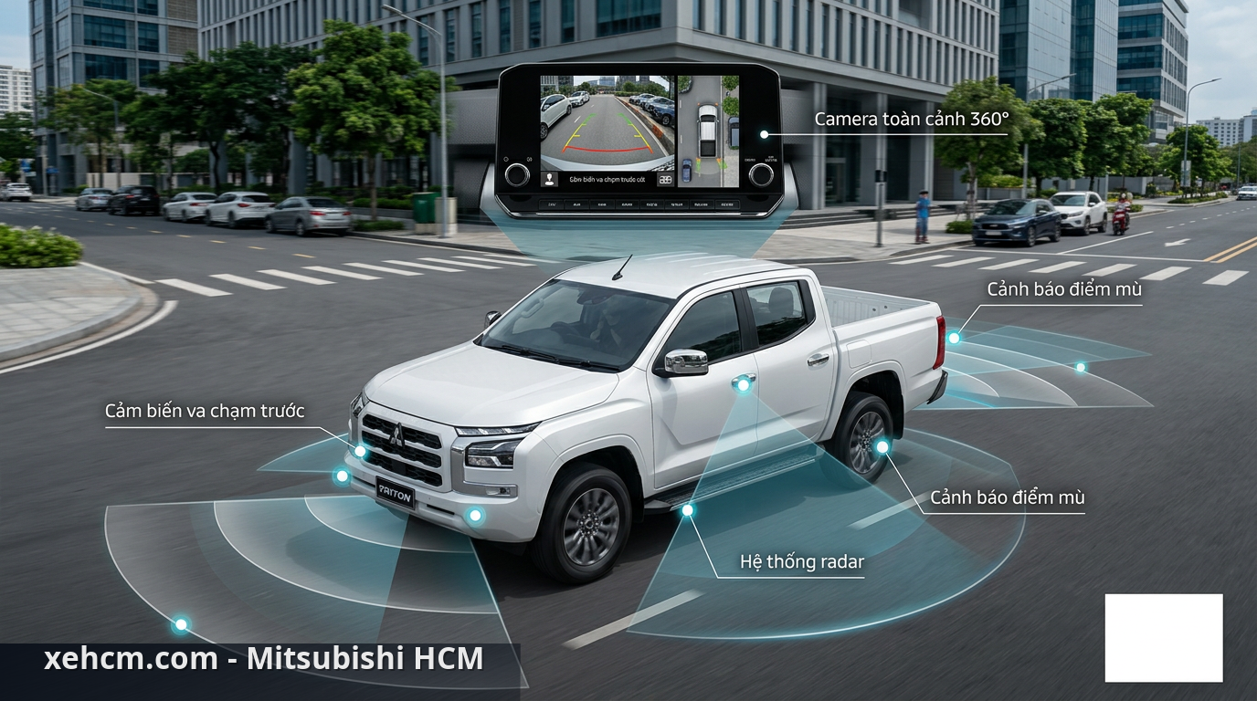 An toàn Triton 2024: Công nghệ bảo vệ trên 4x4 AT Premium 1 Hệ thống camera 360 độ và cảm biến hỗ trợ đỗ xe trên Triton 2024 - an toàn Triton 2024