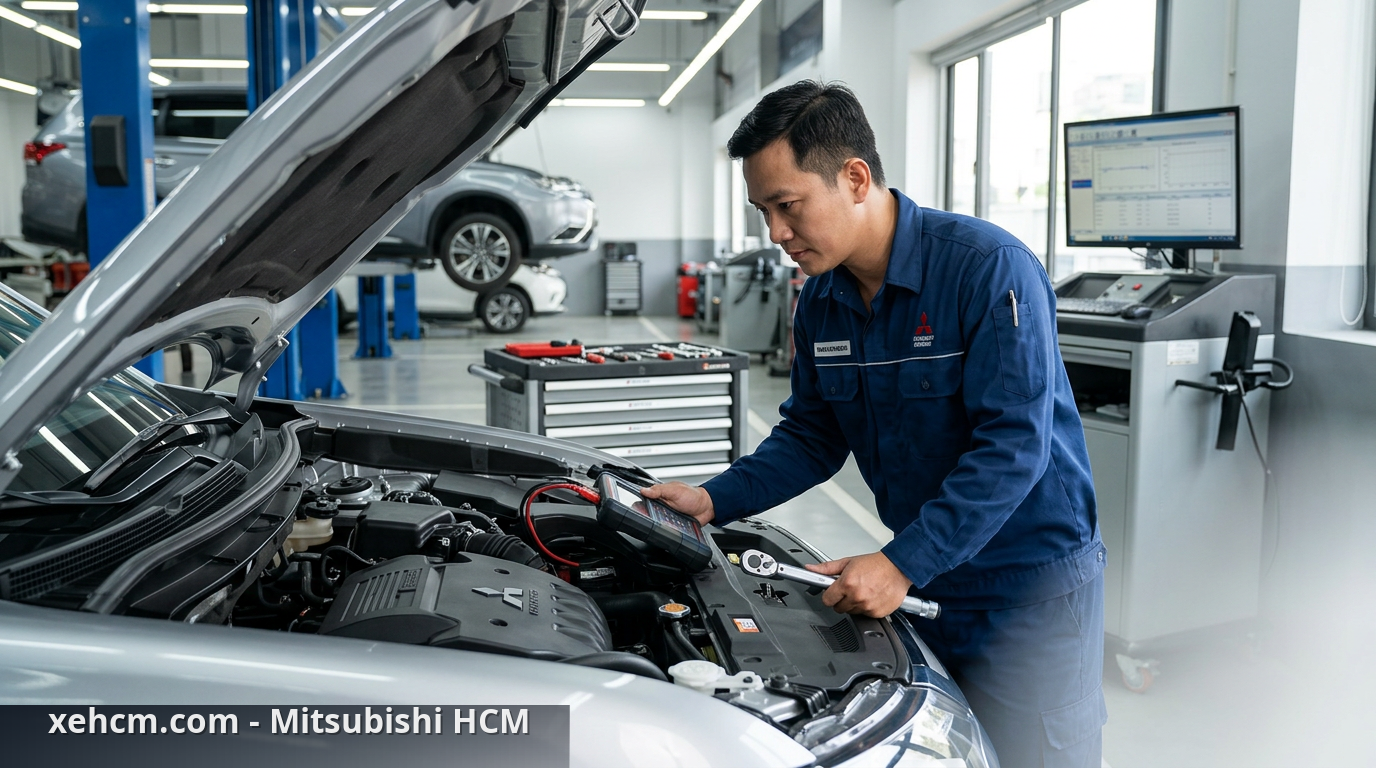 Đánh giá xe Mitsubishi đời mới: Vì sao được giới chuyên gia khen ngợi? 2 Kiểm tra động cơ xe Mitsubishi đời mới tại xưởng dịch vụ chuyên nghiệp. - đánh giá xe Mitsubishi
