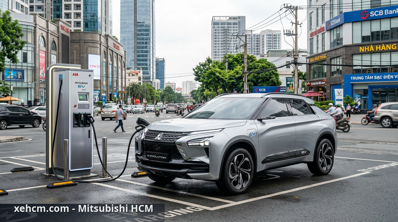 Mitsubishi xe điện: SUV điện mới – Bước ngoặt tương lai 2 Mitsubishi SUV điện đang sạc nhanh tại trạm sạc công cộng - Mitsubishi xe điện