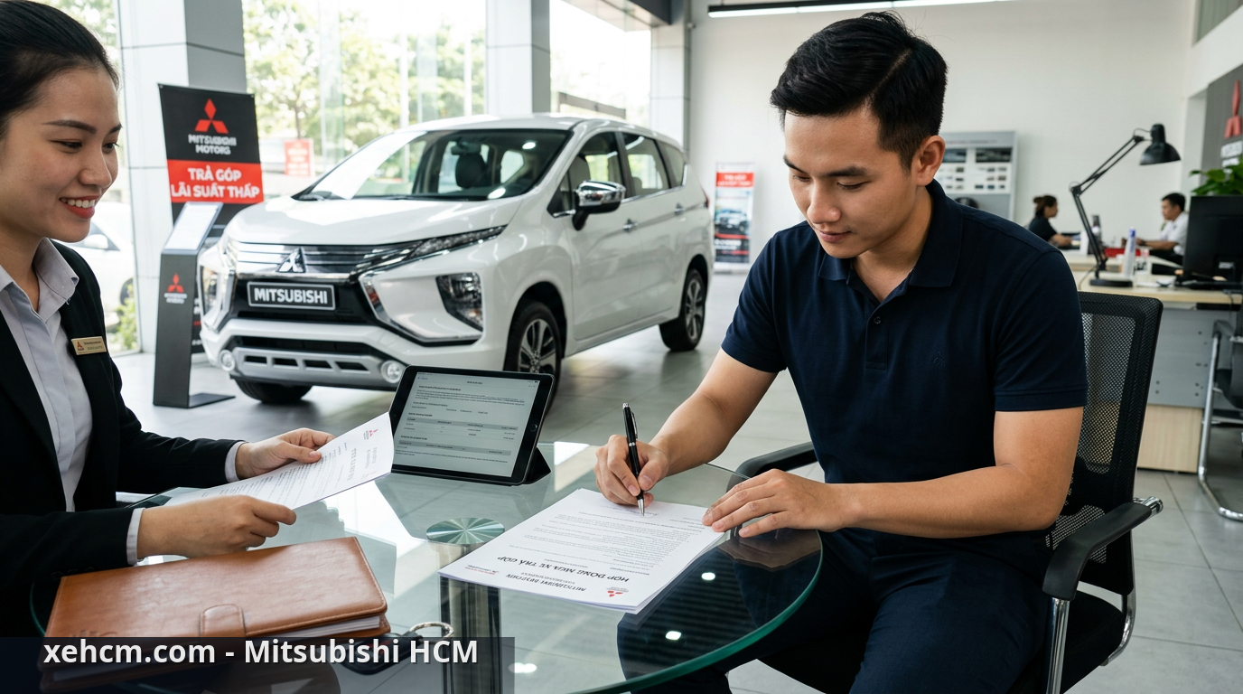 Mua Xe Mitsubishi Trả Góp: Hướng Dẫn Toàn Diện Từ A-Z 1 Khách hàng đang ký kết hợp đồng mua xe Mitsubishi trả góp. - mua xe Mitsubishi trả góp
