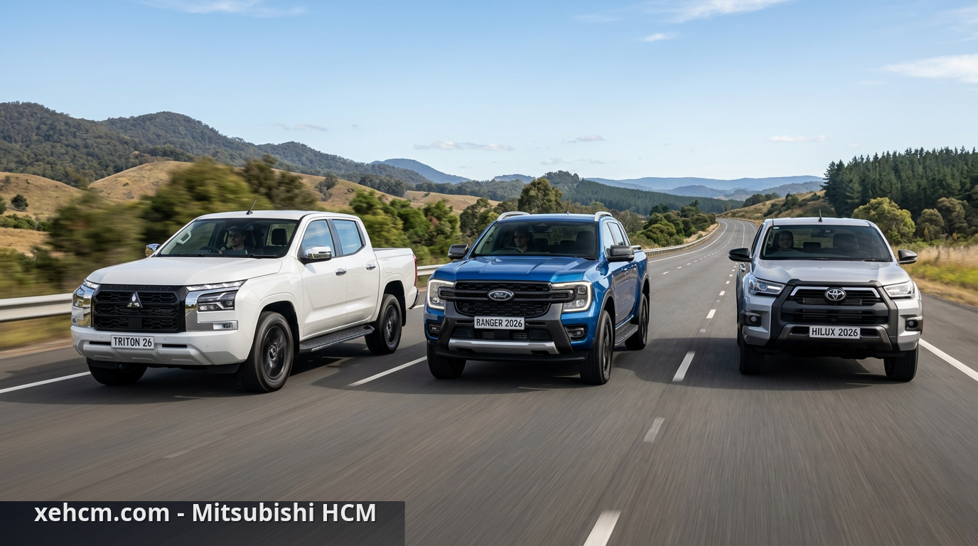 So Sánh Triton 2026 Với Các Đối Thủ: Ai Sẽ Là Vua Bán Tải? 2 So sánh Triton 2026 với Ford Ranger và Toyota Hilux trên cùng một khung hình. - so sánh Triton 2026