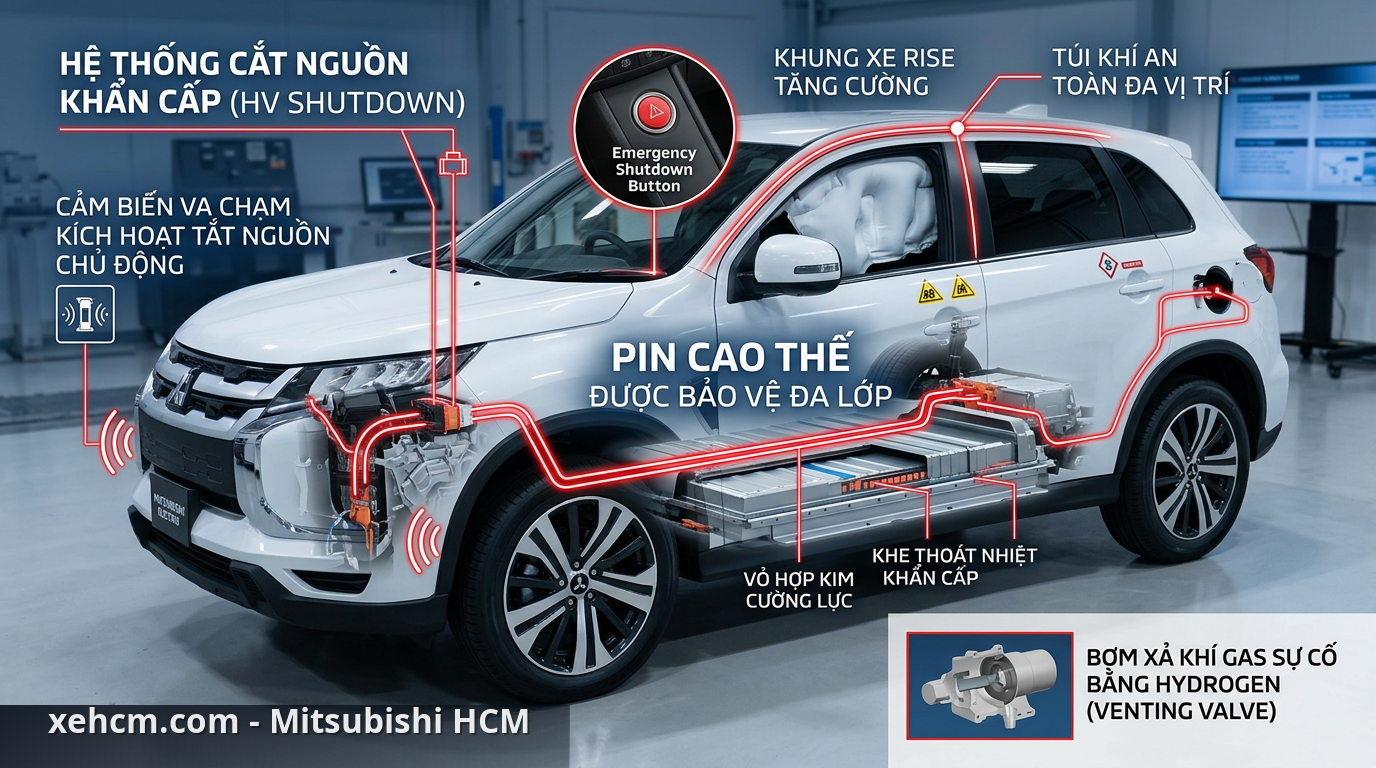 Công nghệ an toàn Mitsubishi: Khác biệt xe xăng, điện, dầu 2 Hệ thống ngắt điện khẩn cấp trên xe điện Mitsubishi, đảm bảo an toàn sau va chạm. - công nghệ an toàn mitsubishi