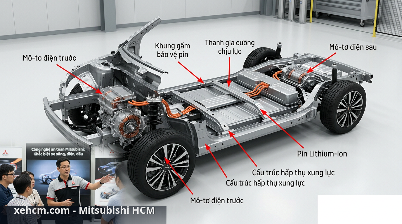 Công nghệ an toàn Mitsubishi: Khác biệt xe xăng, điện, dầu 1 Cấu tạo xe điện Mitsubishi với pin đặt dưới sàn và khung gầm gia cố đảm bảo an toàn. - công nghệ an toàn mitsubishi