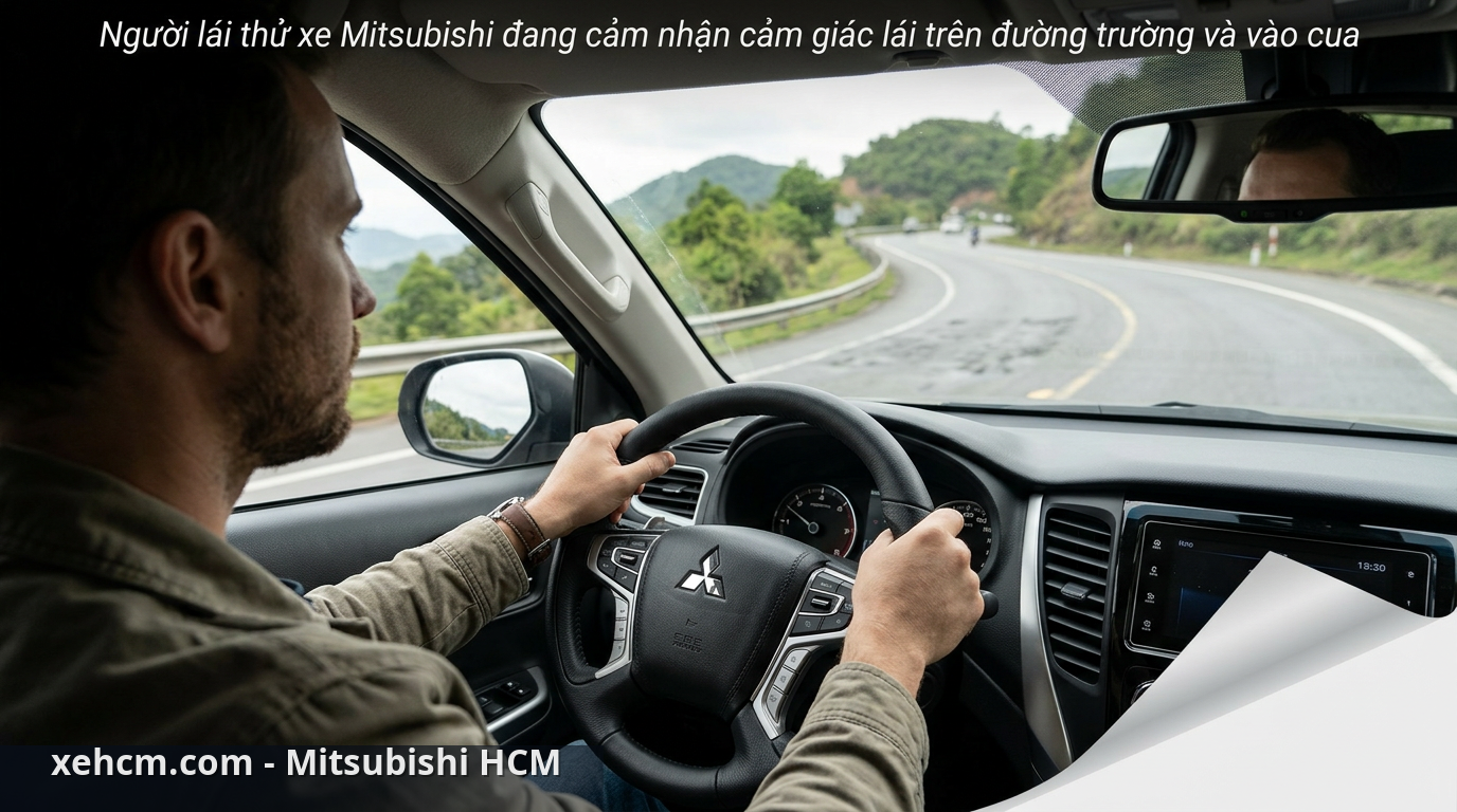 Lái thử Mitsubishi: 7 Điều Nhất Định Phải Kiểm Tra Trước Khi Quyết Định Mua 1 Người lái thử xe Mitsubishi đang cảm nhận cảm giác lái trên đường trường và vào cua. - lái thử Mitsubishi