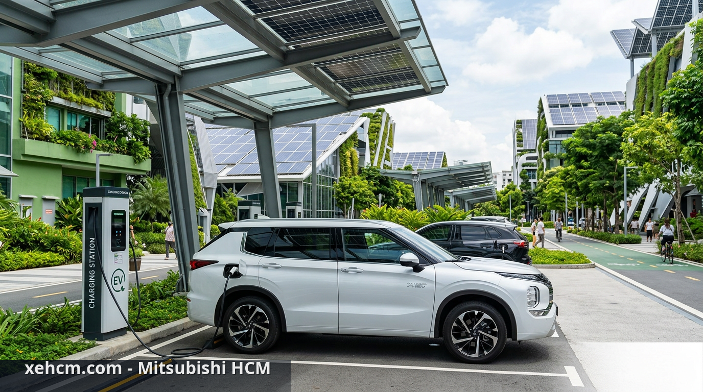 Xe thân thiện môi trường: Mitsubishi và hành trình lái xe xanh 2 Xe Mitsubishi Outlander PHEV tại trạm sạc, minh chứng cho xu hướng xe điện giảm khí thải và cuộc sống xanh. - xe thân thiện môi trường